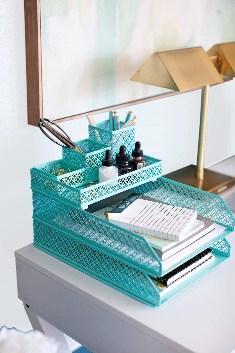 BLU MONACO Aqua Desk Organizer Set for Women | 6-Piece Interlocking Office Supplies Set | Pen Cup, Accessory Trays & Letter Trays | Steel Desktop Paper Organizer | Aqua Desk Organization System - Image 4